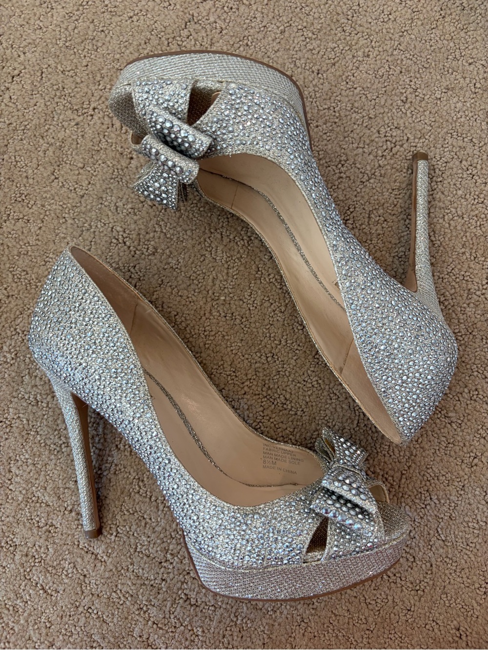 Crystal Embellished Silver Bridal Wedding Peep-Toe Stiletto Pumps with Bow